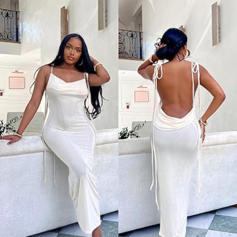 Elegant White Spaghetti Strap Open Back Maxi Dress. Size Small